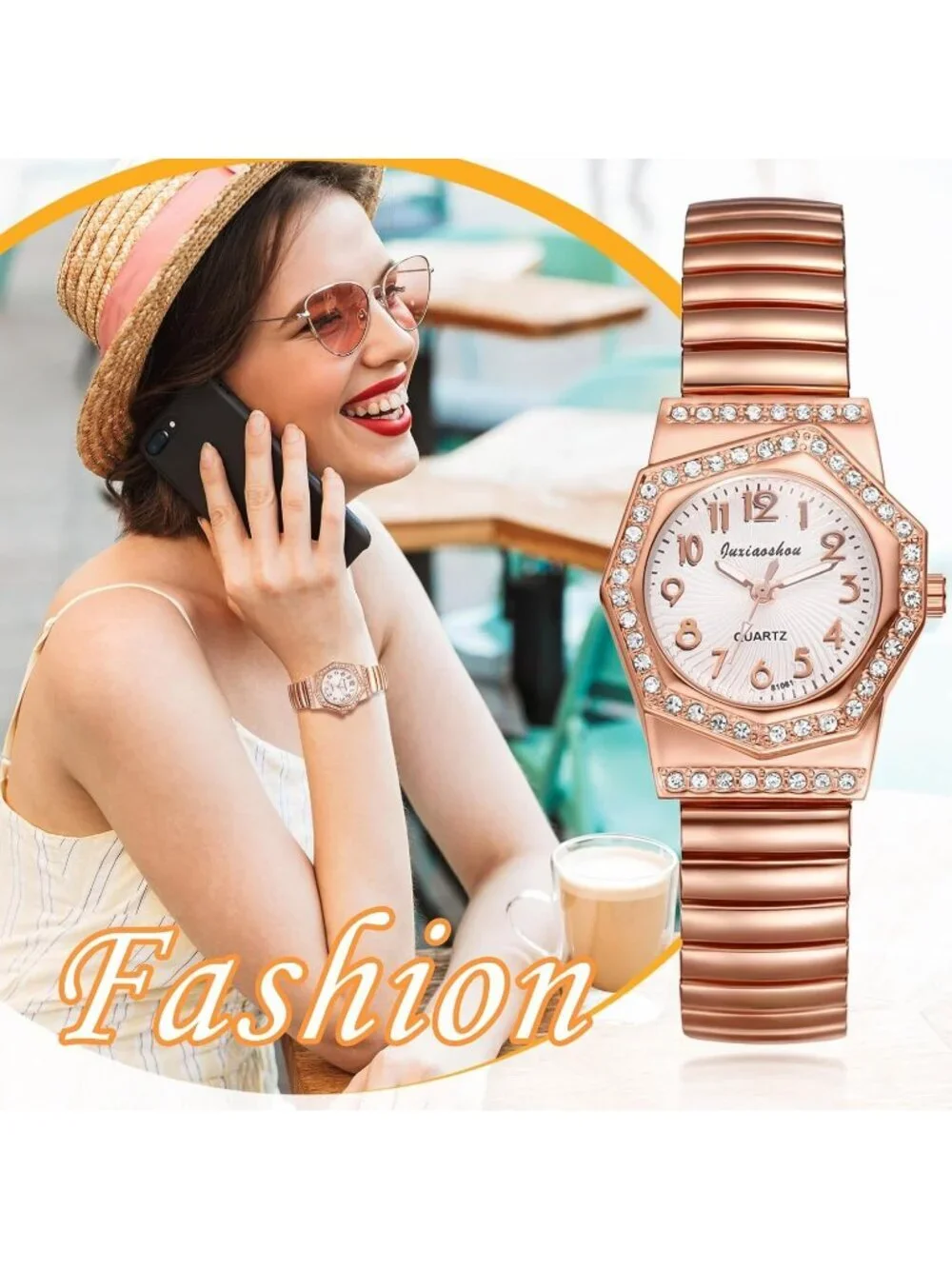 Women's Rose Gold Analog Quartz Bling Elastic Stretch Band Octagonal Wrist Watch